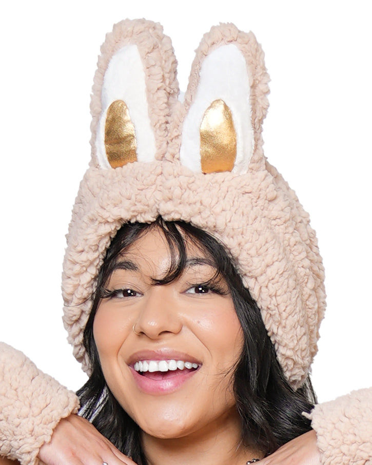 Close-up of model wearing tan fuzzy ear headband with gold inner ears made of sherpa fabric by Festy Boo