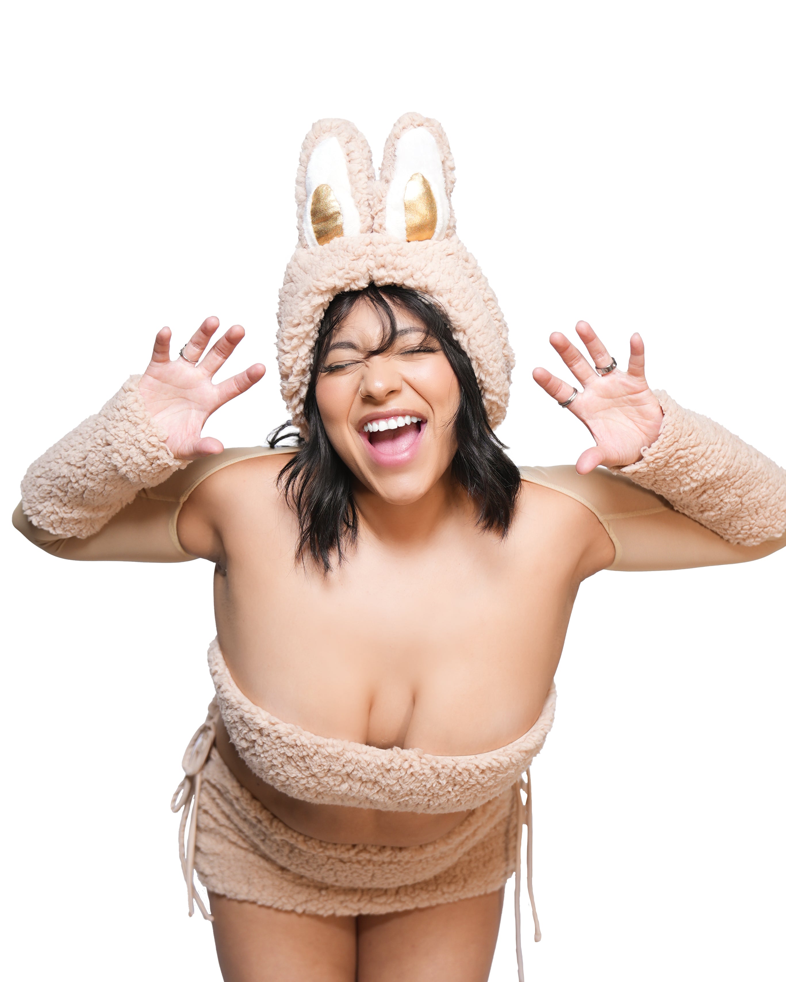 Front view of model wearing tan LaBooBoo Monster Set with fuzzy sherpa fabric, bunny ear hood, and arm sleeves by Festy Boo