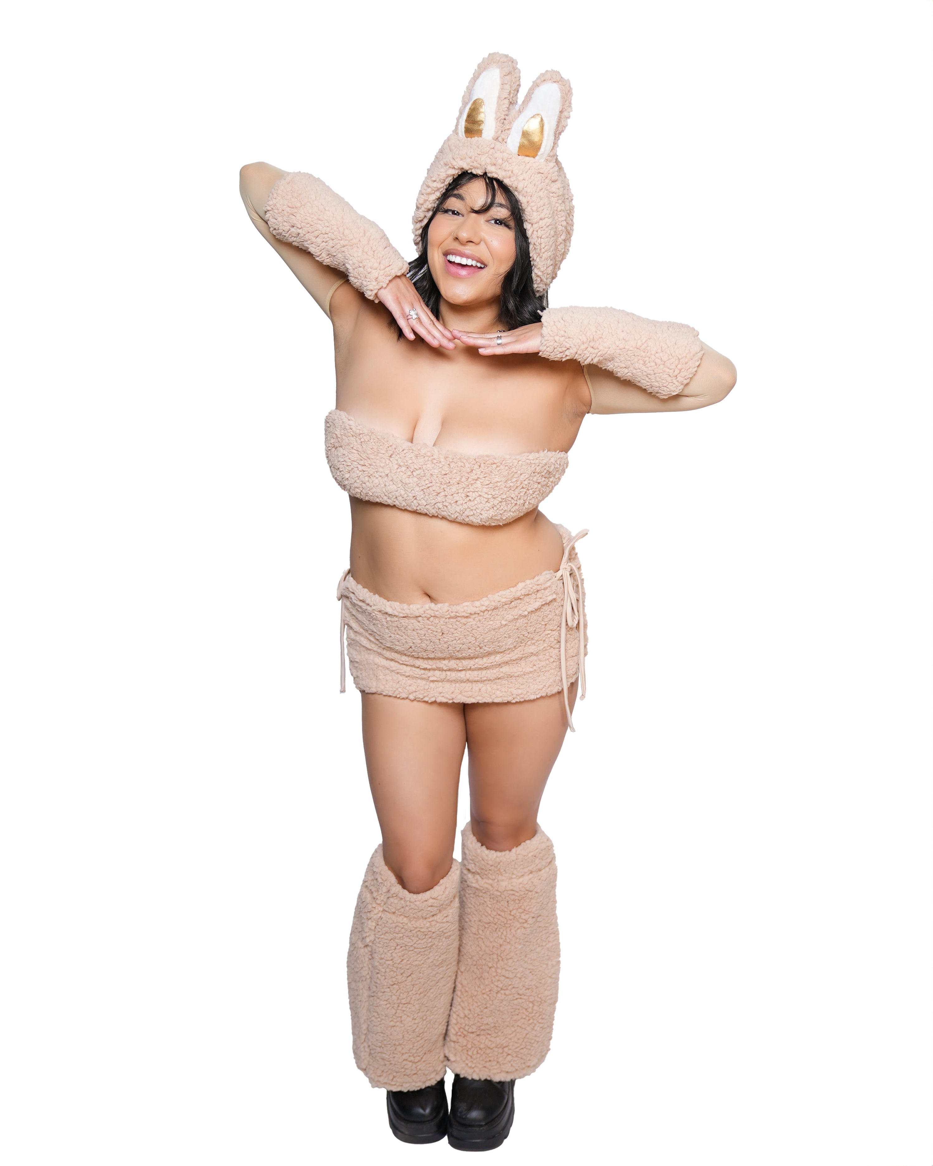 Front full-body view of model wearing tan LaBooBoo Monster Set with fuzzy sherpa fabric, bunny ear hood, arm sleeves, and leg warmers by Festy Boo