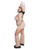 Side view of model wearing LaBooBoo Monster Costume Set in tan fuzzy sherpa fabric with ear hood, lace-up skirt, and leg warmers by Festy Boo